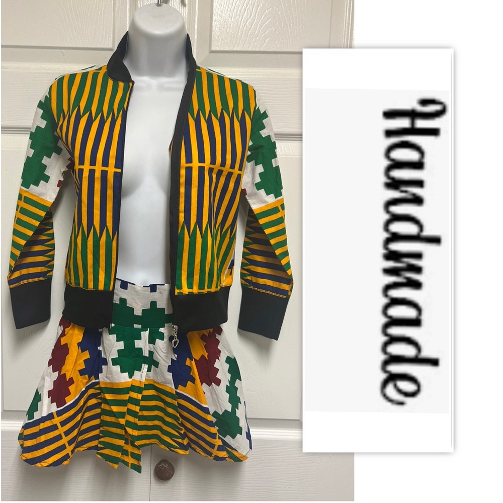 Handmade Tribal African Kids Unisex Fabric Bomber Jacket Skirt Set